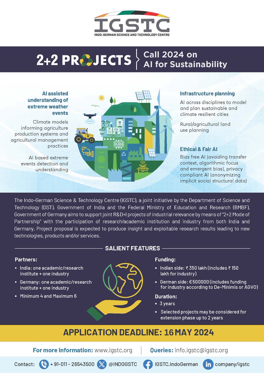 IGSTC has launched 2+2 Call 2024 on “AI for Sustainability”.📢
Call text: igstc.org/home/new_curre…
Basic Guidelines: igstc.org/home/new_curre…
APPLY: rb.gy/h138be 
Deadline🗓️: 16 May 2024
<a href="/IndiaDST/">DSTIndia</a> <a href="/BMBF_Bund/">By Ethical Hacker</a> <a href="/GermanyinIndia/">German Embassy India</a> <a href="/eoiberlin/">India in Germany</a> <a href="/rmadhan2000/">R Madhan</a>
#AI #Sustainability