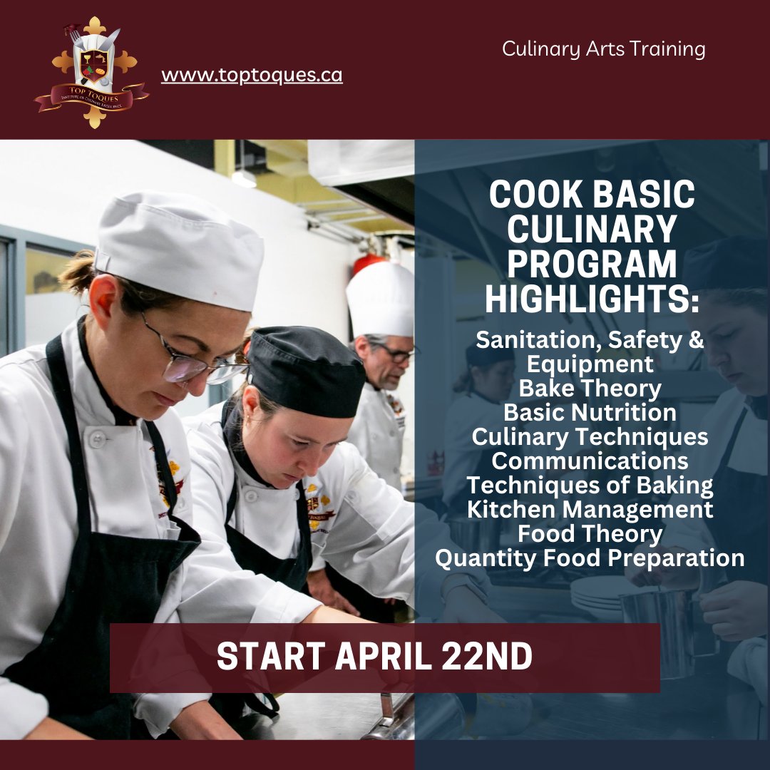 Don't wait! Contact us today to start your enrollment!
toptoques.ca/contact-top-to…

#cheftraining #chef #culinarycollege #ontariocollege #culinarystudent #kwawesome #culinaryarts #food #foodie #cooking #education #dtklove #kitchener