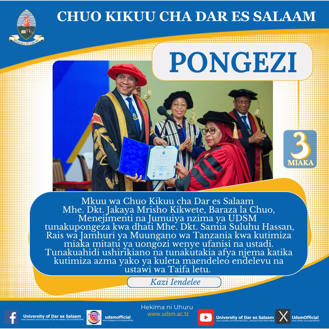 Asante Sana Mhe. Rais Dkt. Samia Suluhu Hassan, UDSM imeshuhudia mafanikio makubwa yanayotokana na juhudi zako hapa nchini na hasa katika elimu ya juu. 🙏🏾🙏🏾🙏🏾