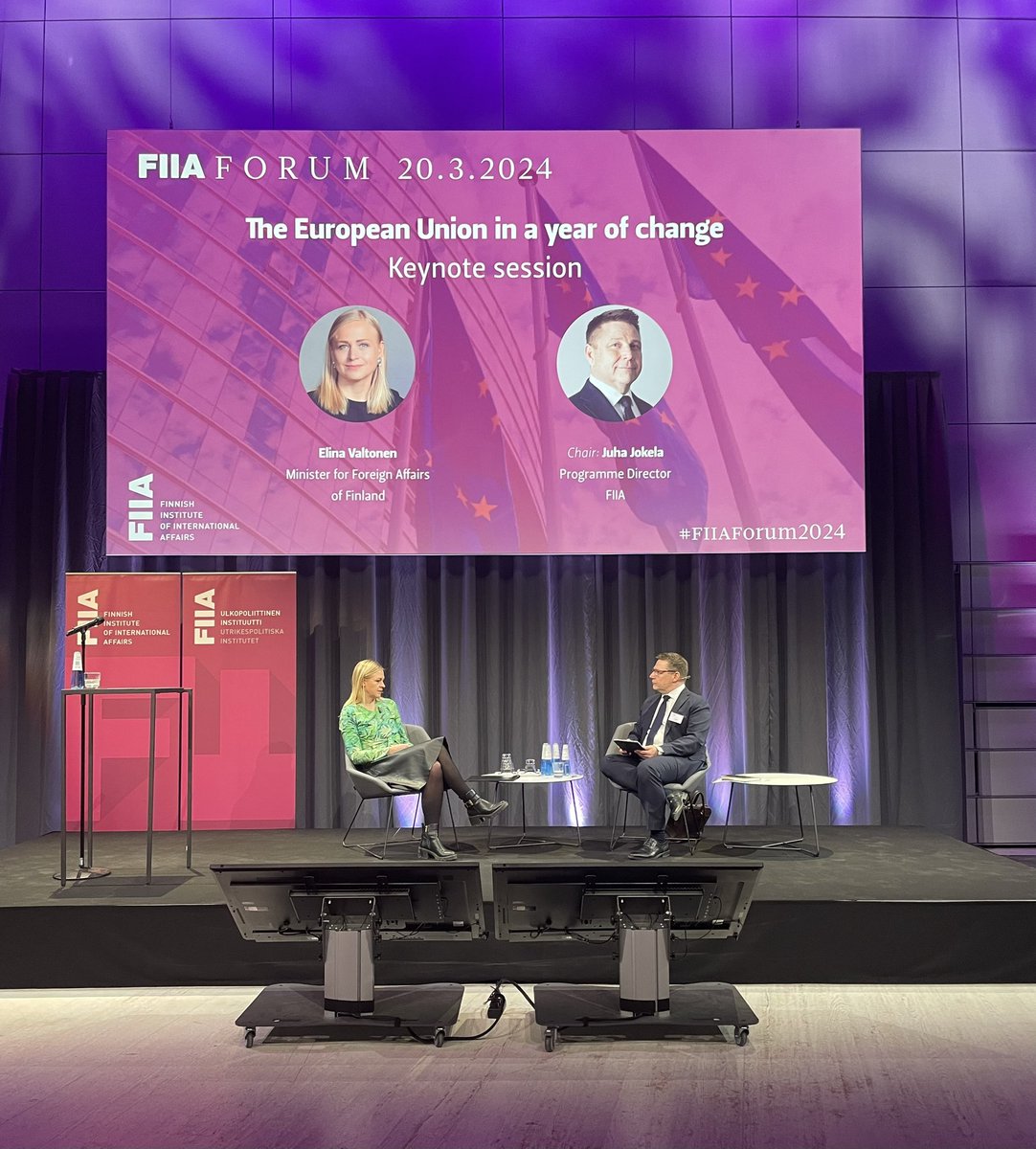 Minister @elinavaltonen discusses the EU’s global role with @JuhaJokela1. ”It is extremely important to deepen the EU’s relationship particulary with Africa, and create a true partnership”, Valtonen says about the EU’s relations with the Global South. #FIIAForum2024