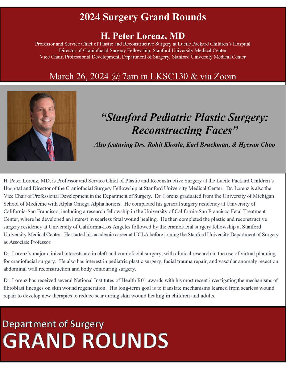 Our next #grandrounds features one of @StanfordPlastic's own! Join us Tuesday, March 26 @ 7AM for 'Reconstructing Faces' with Dr. Peter Lorenz!