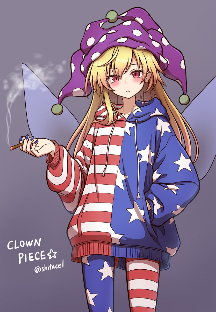 clownpiece 1girl solo long hair looking at viewer blush simple background blonde hair  illustration images