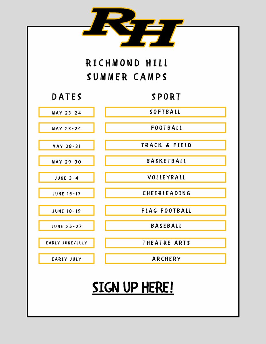 RHHS is excited to host a variety of summer camps during May, June & July! Take a look below and be sure to sign up for the ones your future wildcat is interested in. #OuRHouse More information/SIGN UP HERE: docs.google.com/document/d/1yV…