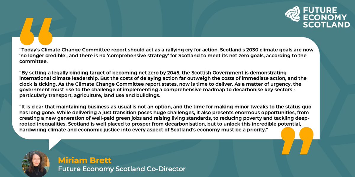 “Today’s Climate Change Committee report should act as a rallying cry for action.” – our co-director @MiriamBrett on today’s @theCCCuk report, which says Scotland's 2030 emissions reduction goals are now ‘no longer credible’