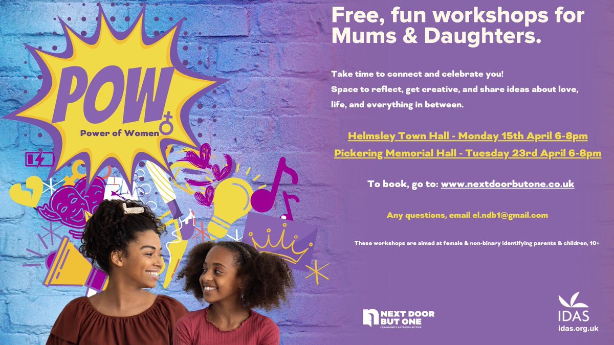 📣 HELMSLEY 📣 PICKERING

We’re coming at you with a POW 💥 

We are  pairing up with @idasfor100 to run some FREE &amp; fun workshops for mums and daughters to be creative together and share ideas on things that matter to them!

Book your place via our website 👍