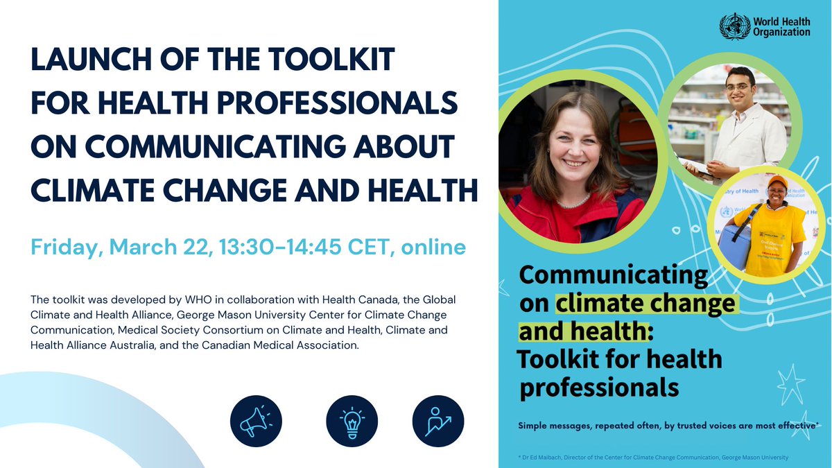 🚀 Join us for the launch of the 'Toolkit for Health Professionals on Communicating about Climate Change and Health' by @WHO! This toolkit equips health workers to address climate challenges effectively. 👇 pmnch.who.int/news-and-event… @IPAWorldorg @FIGOHQ @COINNurses @world_midwives