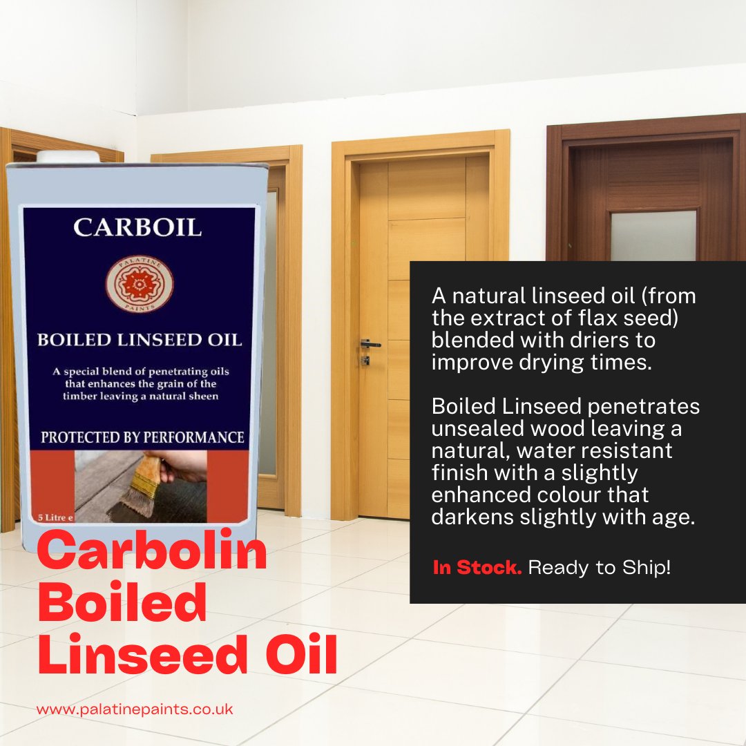 A natural linseed oil (from the extract of flax seed) blended with driers to improve drying times. Boiled Linseed penetrates unsealed wood leaving a natural, water-resistant finish with a slightly enhanced colour that darkens slightly with age. Buy yours: palatinepaints.co.uk/product/carbol…