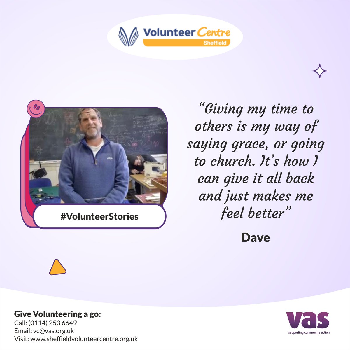 Dave volunteers and is the Director of @ReytRepair - he shares his inspiring story here: bit.ly/3Vatte1 Want to give volunteering a go? Check out 200+ opportunities in #Sheffield: sheffieldvolunteercentre.org.uk or call us on (0114) 253 6649 (Mon-Weds)