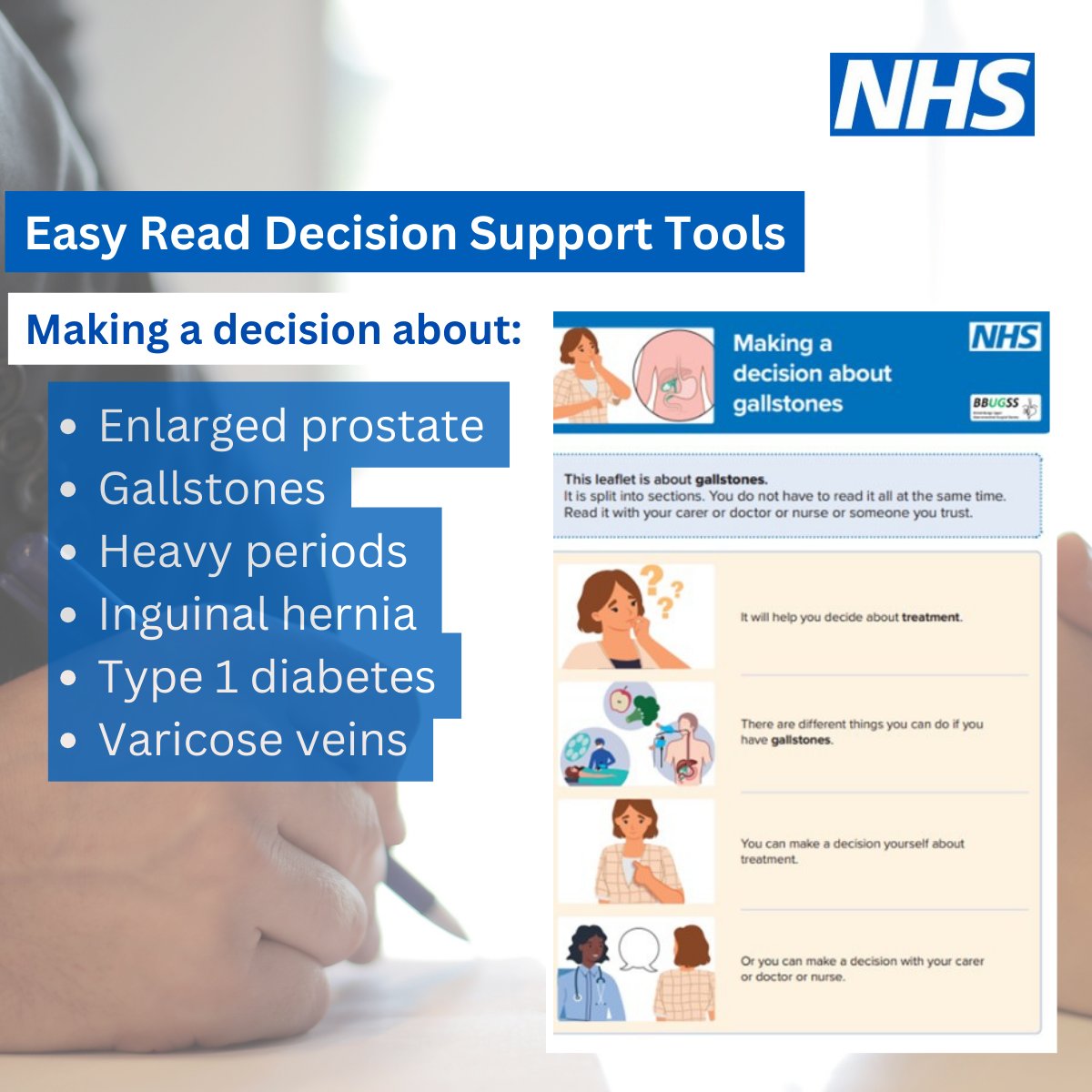 .@NHSEngland decision support tools now include Easy Read versions covering six conditions. They help shared decision making between clinician and patient by explaining treatment, care and support options to help consider what matters most to the person. england.nhs.uk/personalisedca…
