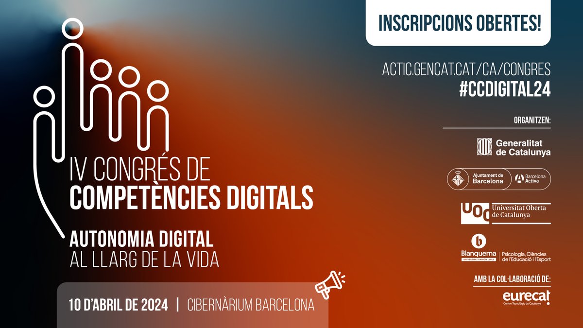 El Cibernàrium 22@ acollirà el IV Congrés de Competències Digitals! 👨‍💻

📅 Se celebrarà el 10 d'abril sota el lema 'Autonomia digital al llarg de la vida' i reunirà referents en el sector digital, amb tallers virtuals, xerrades i debats.

Inscriu-t'hi! 🔗 loom.ly/r_qLWo4