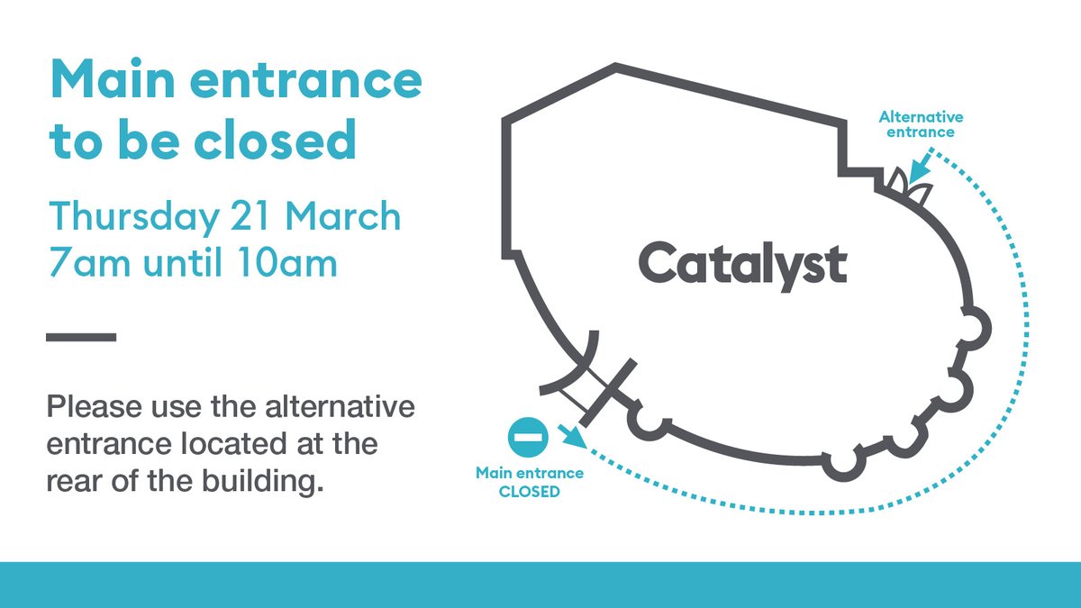 Please note the Catalyst main entrance will be temporarily closed for essential work on Thursday 21 March, 7am to 10am. If you're planning to visit please use the alternative entrance to the side of the building, opposite the lake. Thank you for your understanding.