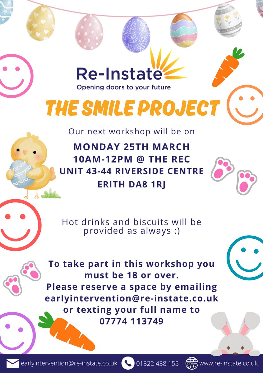 Hey Smilers!😄 Our next Smile Workshop session will be Easter themed, with a hint of chocolate involved 😉🍫 Come and join us on the 25th of March from 10am-12pm for a fun morning! Please email earlyintervention@re-instate.co.uk or contact 07774 113749 to reserve your place💜