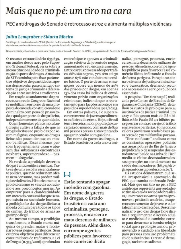 Julita Lemgruber e Sidarta Ribeiro dando um tiro na cara da hipocrisia do Senado ao aprovar na a PEC criminalizando todas as drogas na CCJ. @JulitaLemgruber