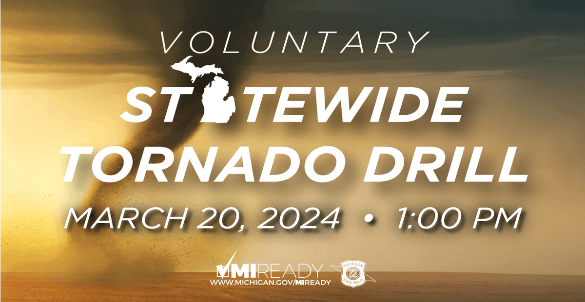 MichEMHS's tweet photo. Today is the day! Prepare, plan, and practice! 🌪️Don't be alarmed if you hear sirens or see other alerts today. This is just a drill.  https://t.co/ZQtjnVTlfT #mitornadodrill #MIREADY @MichStatePolice https://t.co/mxM5ECM0K1