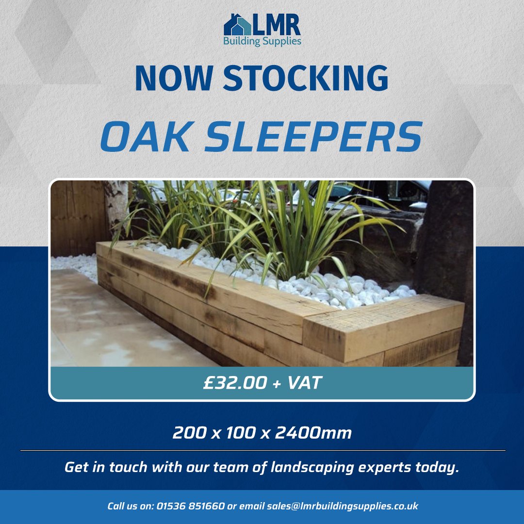 LMR Building Supplies now stocking Oak Sleepers adding to our already extensive landscaping range. Call to speak with one of our sales advisors to hear more about our landscaping promotions. Get in contact with us today: 01536 851660 or email at: Sales@lmrbuildingsupplies.co.uk