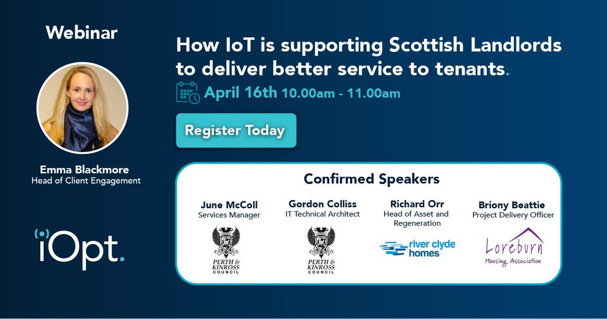 iOpt Asset Monitoring (@ioptassets) on Twitter photo Save the date!⏰
On the 16th of April at 10 am, we will be joined by a panel of IoT innovators from across Scottish Social Housing that will share the impact of using sensor technology, and data analysis to address sector challenges.  Book your place: attendee.gotowebinar.com/register/59211… Save the date!⏰
On the 16th of April at 10 am, we will be joined by a panel of IoT innovators from across Scottish Social Housing that will share the impact of using sensor technology, and data analysis to address sector challenges.  Book your place: attendee.gotowebinar.com/register/59211…
