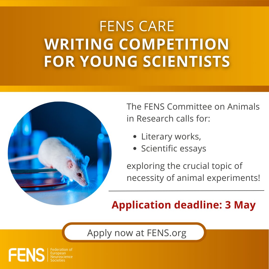 ✍️ #Writing competition on #AnimalResearch! 🏆 Submit your literary work or scientific essay for a chance to win a EUR 500! Outstanding works will be considered for publication on @EJNeuroscience and for a public reading at #FENS2024! Learn more: loom.ly/SVp6osw