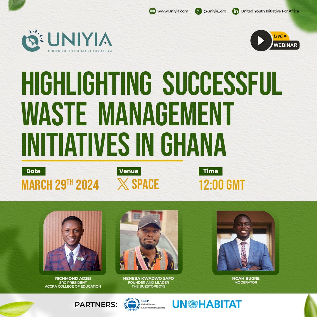 Join us as we spotlight young individuals championing Zero Waste in Ghana 🇬🇭 ahead of #ZeroWasteDay Let's work together to #BeatWastePollution and make a difference. Register: twitter.com/i/spaces/1OyKA… #ZWD2024 @UNHABITAT @UNEP @buzstopboys