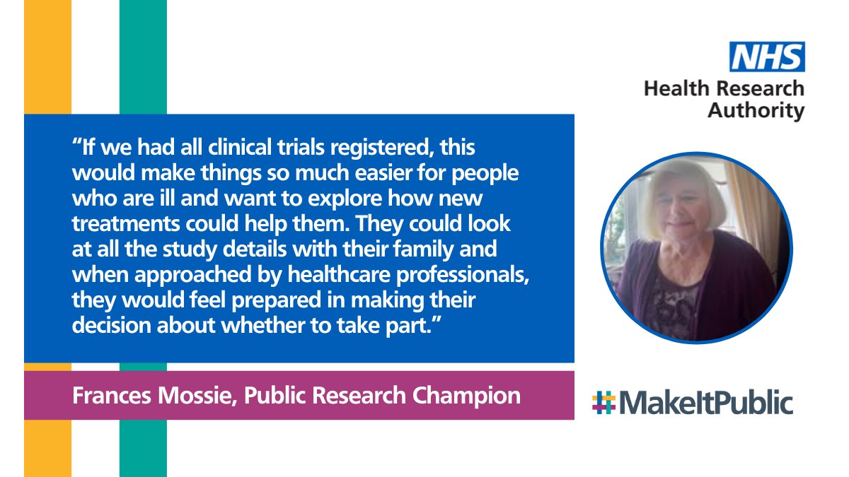 For #MakeitPublic week, we're focusing on how we can ensure all clinical trials are registered. Frances, a Public Research Champion at @MTWnhs, shares why registering research is important for people who want to take part in future studies. Read more⬇️ hra.nhs.uk/about-us/news-…