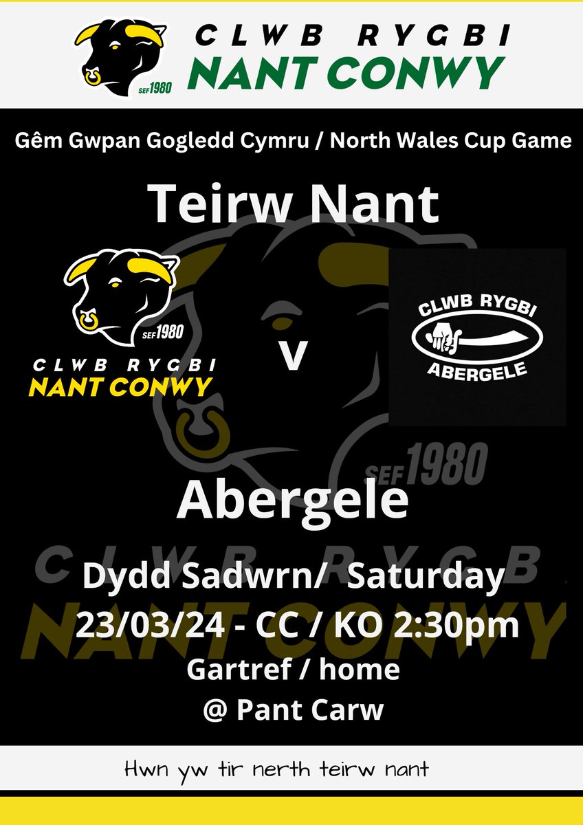 CRNantConwy's tweet photo. 🌟Gêm Gwpan Gogledd Cymru Teirw yn erbyn Abergele🌟 

📍 Pant Carw 

📅 23.03.2024 

🕐 2:30 cc/ ko 

🌟Teirw's North Wales Cup Game against Abergele🌟 https://t.co/yUCfqpKqIK