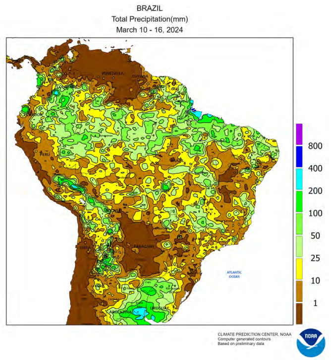 FarmPolicy's tweet image. 1/ Unseasonable #dryness and #warmth returned to the south of #Brazil during the week ending March 16, hastening development of #corn and #soybeans but limiting moisture for later-planted crops.

From the @usda_oce Weekly Weather and Crop Bulletin: bit.ly/3PW36SE