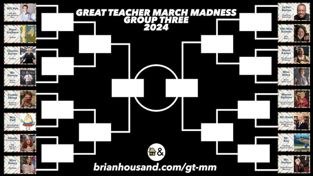 Brian Housand (@brianhousand) on Twitter photo Introducing Group Three! 
brianhousand.com/gt-mm
Bill Nye VS Nigel Ratburn
Professor X VS Mr. Garvey
Freddy Shoop VS Mrs. Puff
Glinda  VS Miss Honey
LeVar Burton VS Obi-Wan Kenobi
Maria Ranier VS Miss Stacy
Master Splinter VS Mr. Hand
Mr. Ray VS Ms. Darbus
Voting Closes 3/21 Introducing Group Three! 
brianhousand.com/gt-mm
Bill Nye VS Nigel Ratburn
Professor X VS Mr. Garvey
Freddy Shoop VS Mrs. Puff
Glinda  VS Miss Honey
LeVar Burton VS Obi-Wan Kenobi
Maria Ranier VS Miss Stacy
Master Splinter VS Mr. Hand
Mr. Ray VS Ms. Darbus
Voting Closes 3/21