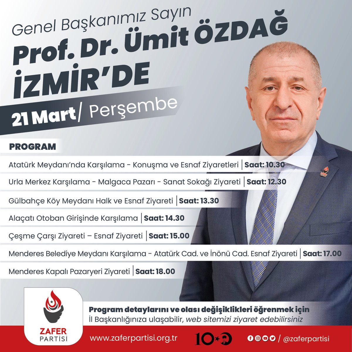 Genel Başkanımız Prof. Dr. Ümit Özdağ ve Başkanlık Divanı Üyeleri ile Genel İdare Kurulu üyelerimiz, yarın (21 Mart Perşembe) İzmir’de vatandaşlarımızla buluşacaktır.

Tüm İzmir halkı davetlidir.