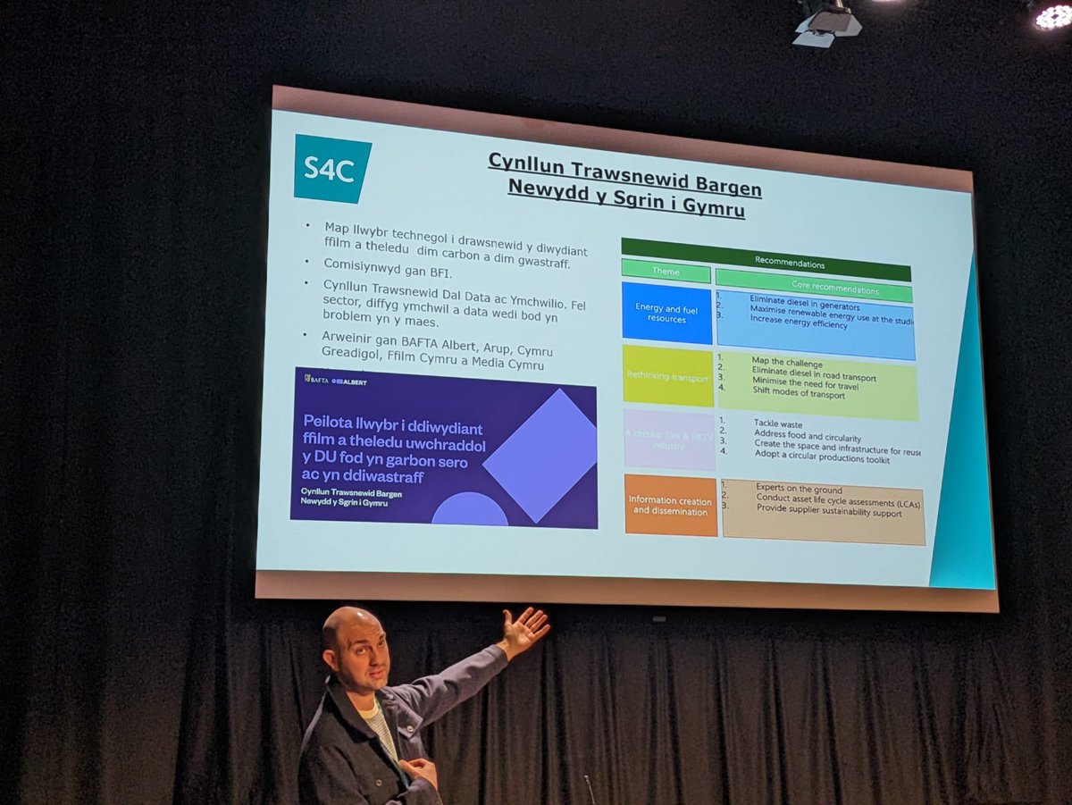 Ryan Chappell o @S4C yn rhoi cyflwyniad ar ‘Addewid Carbon Niwtral’ yn Nghynadledd Ymateb i Heriau Hinsawdd @yr_egin heddiw sy’n arddangos sut mae’r diwydiant cyfryngau yn mynd i’r afael â bod yn fwy eco-gyfeillgar @CangenDDS @drindoddewisant