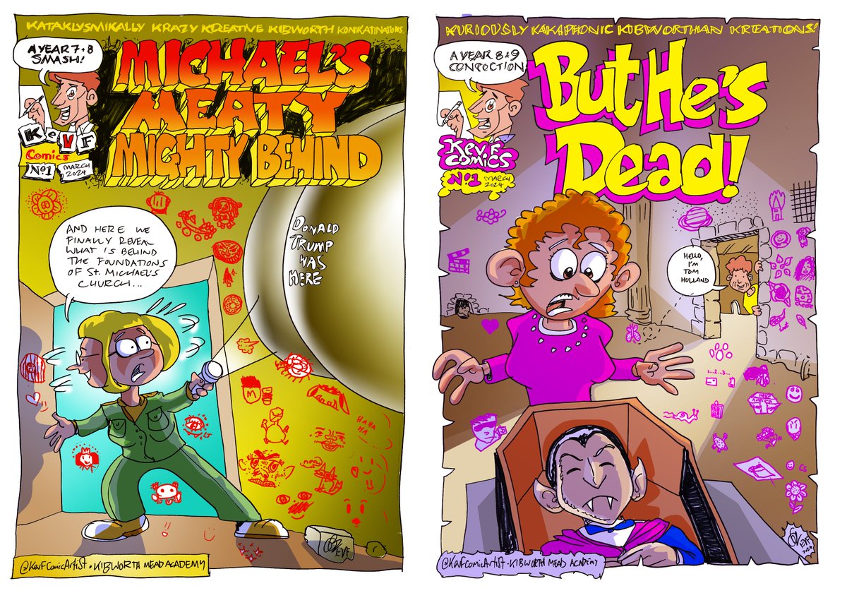 KmaLibrary's tweet image. Many thanks to @KevFComicArtist for coming into KMA to do his fabulous comic workshops. He was a definite hit with our students and this is some of what they produced.
All had their caricature done to take home with them along with a group effort comic @KibMeadAcad @DrPThompson