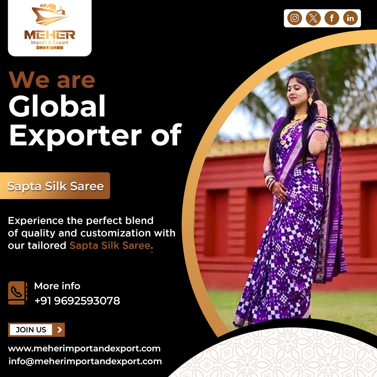 Meherexport's tweet photo. We Are Global Exporter Of Sapta Silk Saree.
Contact Us:
+91 9692593078
info@meherimportandexport.com
Visit Our Website: 
https://t.co/PXRdfiwEQ7
#meherexport #export #exportbusiness #exportimport #saptasilksaree
#tradeindia https://t.co/f91QoanIuI
