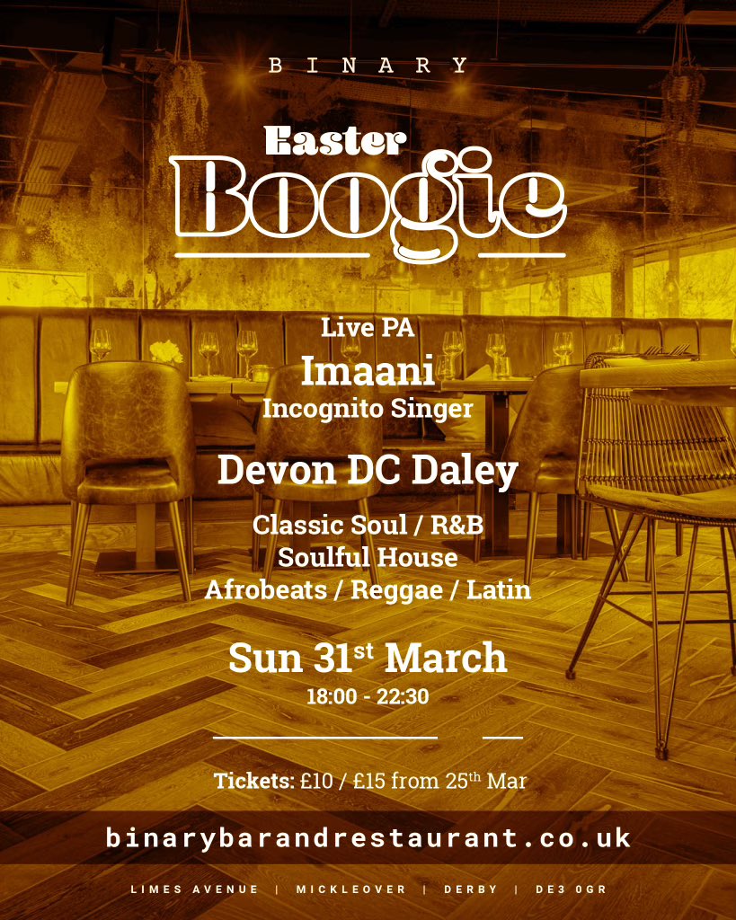 #Easter #Boogie Sun 31 Mar #LIVE #PA @Incognito_world long time #singer Imaani @TheImaani plus #DJ @devondcdaley 1800-2230 : #earlybirdtkts £10 / £15 after 25/3