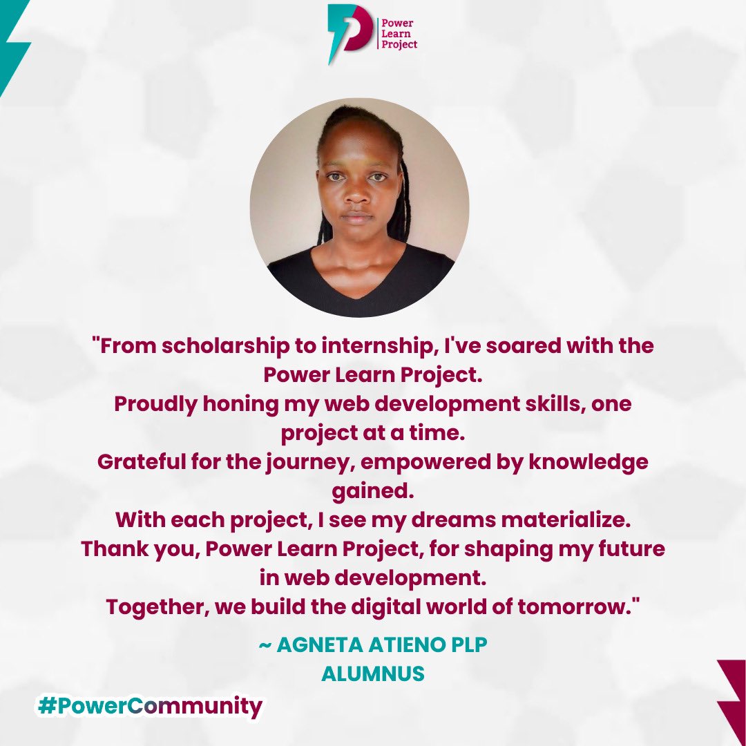 plpcommunity's tweet photo. Agneta Atieno Power Learn Project alumnus shares her experience with the #1MillionDevs4Africa program on our #PowerStory series.
Are you a woman in tech? Like Agnetta you can step into your PowHer too #EmpowerHer
https://t.co/4o1040dvAA⚡️
#PowerCommunity https://t.co/nyGjxoKO7W