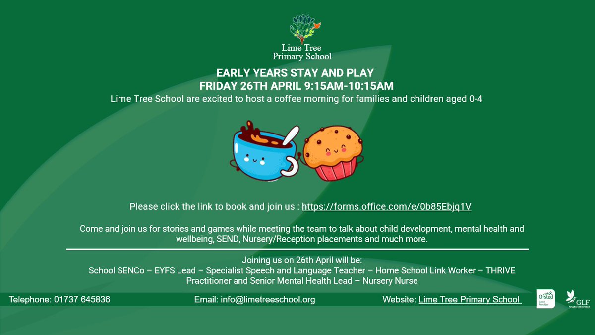 Lime Tree School are excited to host a coffee morning for families and children aged 0-4 Come and join us for stories and games while meeting the team to talk about child development, mental health and much more. Please complete the form via the below link:forms.office.com/e/0b85Ebjq1V