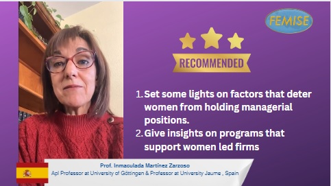 Dr.Inmaculada Zarzoso 🇪🇸 , Prof. at @UJIuniversitat Spain, member of FEMISE and Apl prof. at @uniGoettingen Germany, provides facts about women ♀ 🚺 in top management 👩‍💼 in the South Med & the MENA region ⬇ Watch this video: rb.gy/7yn45i #InvestInWomen #IWD2024