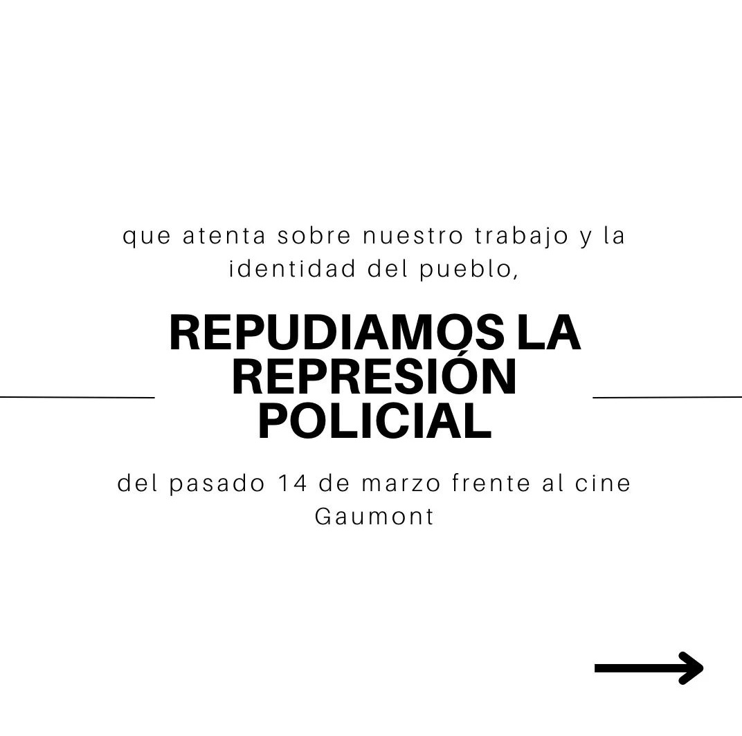 ForoPBA's tweet photo. Ante el ataque contra nuestro Cine Nacional que atenta sobre nuestro trabajo y la identidad del pueblo, repudiamos la represión policial el pasado 14 de Marzo frente al cine Gaumont.
Denunciamos públicamente la desfinanciación de la ENERC, los espacios INCAA, ➡️ https://t.co/YwjpG7Fd6B