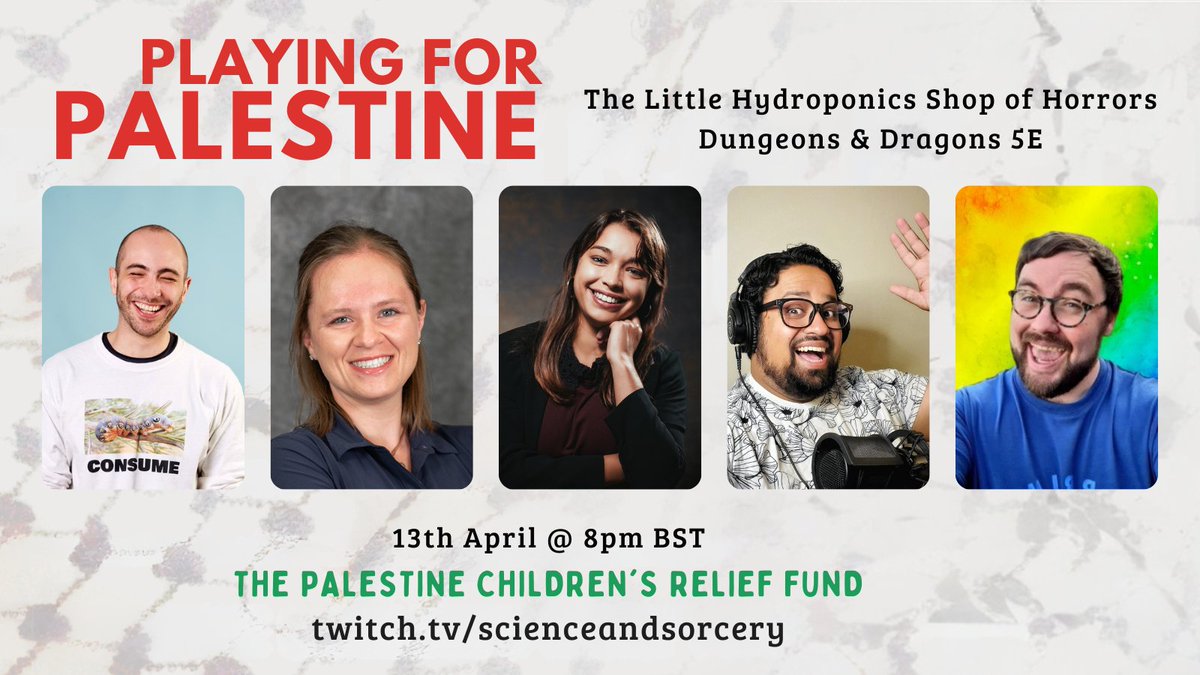 🍃The Little Hydroponics Shop of Horrors🍃 A plant-based remedy for all that ails you awaits in this one-shot as part of Playing for Palestine 🇵🇸 With DM @DrTalksALot And players @samsighs @TaylorAnnNx @ThePlantProf @beccmel2 In aid of @ThePCRF 13th April @ 8pm BST