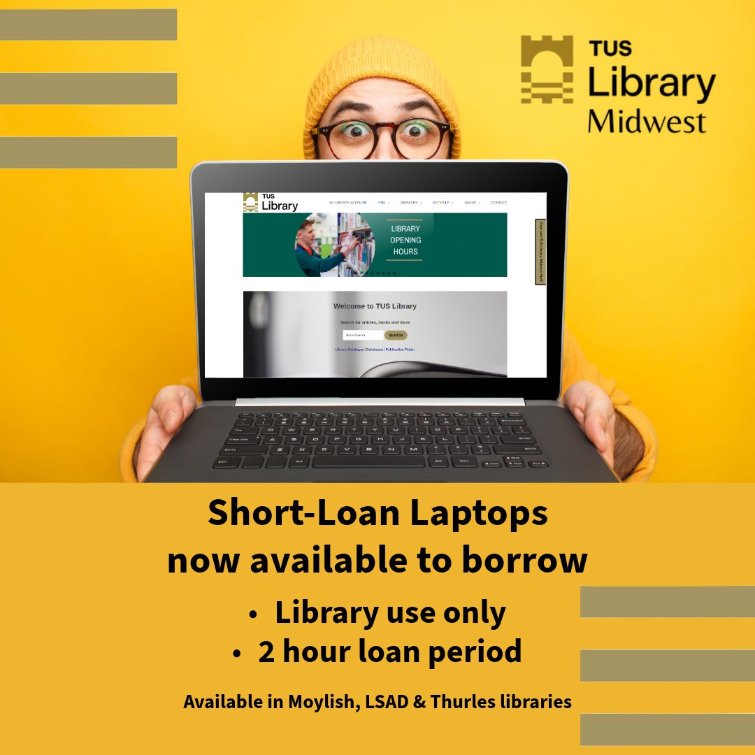 We now have Short-Loan Laptops available to be borrowed for up to 2 hours in Moylish, Thurles and @LSADatTUS 💻 Short-loan laptops can only be used within the library and can be borrowed at the library issue desk ⌨️ #tuslibrary #WeAreTUS
