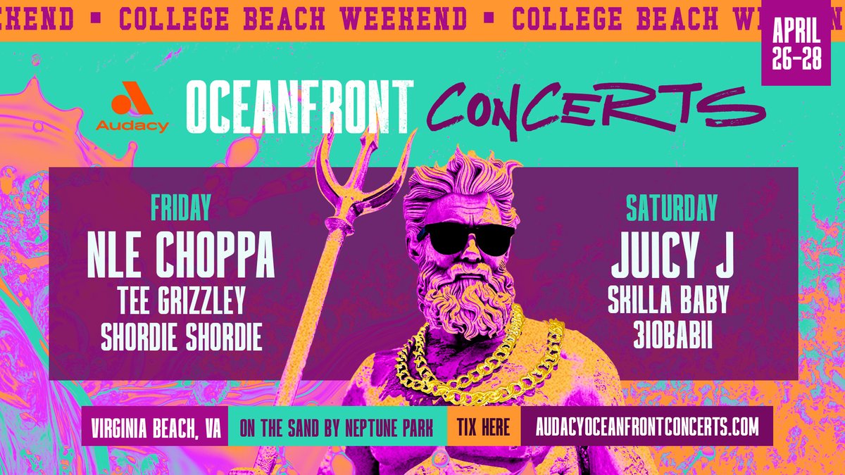 949ThePoint's tweet photo. @audacy Oceanfront Concerts returns to VA Beach to celebrate College Beach Weekend 4/26-4/28. A full weekend of music w/performances from @therealjuicyj, @nlechoppa1, @teegrizzley, @_Skillababy, @310_Babii, &amp; @Shordie_Shordie! Tix on-sale TODAY at 10am at https://t.co/eZ8Av6FUMC https://t.co/b4q2FXpTX8
