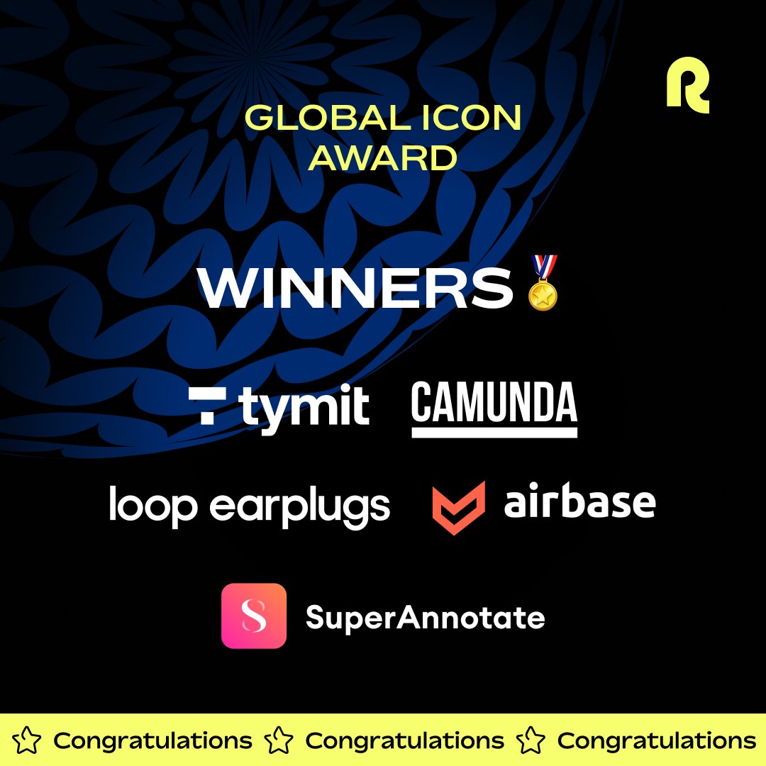 And last #RemoteAwards, but definitely not least 🥁... 🏆 Trailblazer Award for Large Businesses: @SupersideHQ 🏆 Global Icon Award Winners: Camunda, Loop Earplugs, @AirbaseHQ , @superannotate and @TymitApp