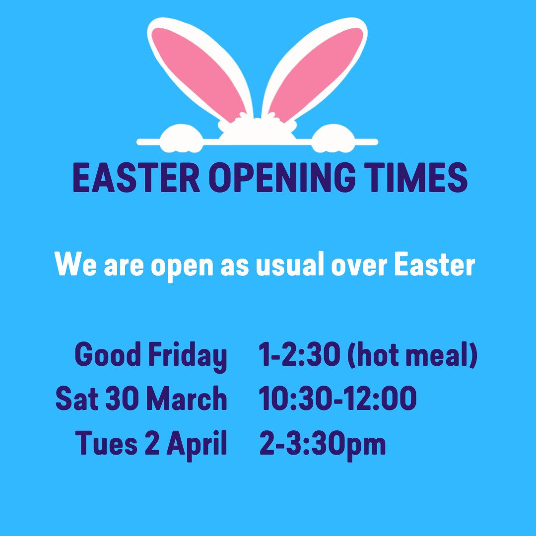 Our foodbank and other services are open as usual over Easter. 66 Lennard Road, SE20 7LX.