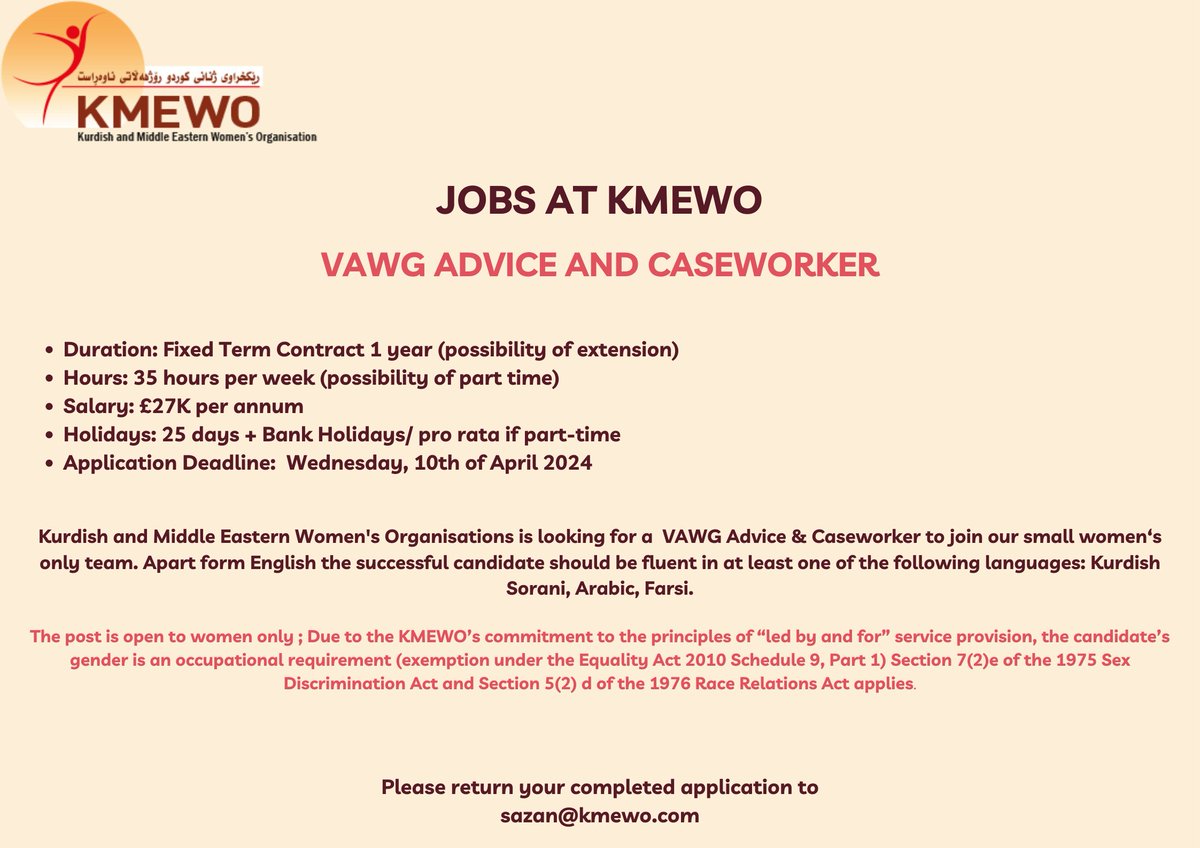 New Job Opportunity @KMEWO!💫 #VAWG Advice Caseworker Are you a woman passionate about women's rights? See the job description and apply by Wednesday, 10th of April 2024. Or else please do spread the word and help us to tackle #DomesticAbuse 💜 kmewo.com/new-job-opport…