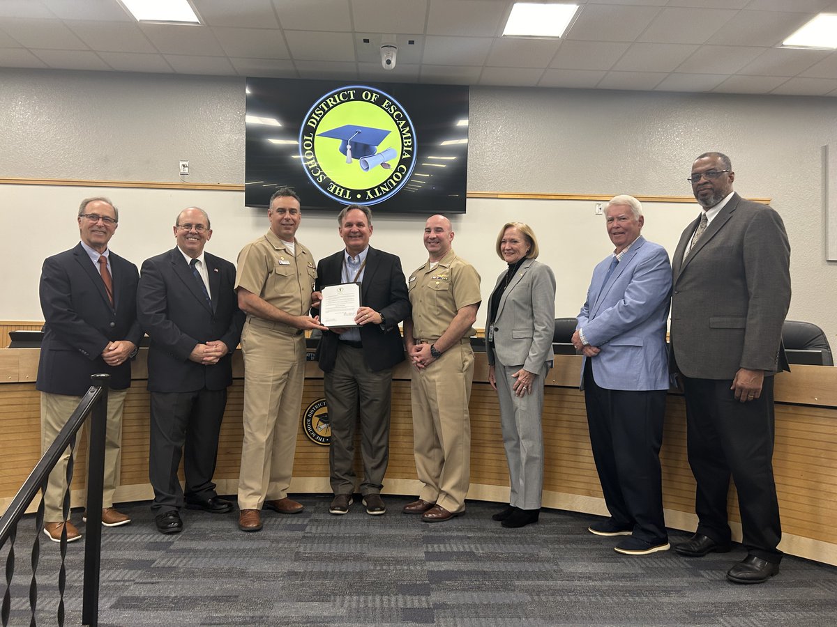 NAS Pensacola CO Capt. Terry ‘Village’ Shashaty and XO Nick ‘Rabbit’ Alfano accepted a proclamation from the School Board of Escambia County denoting the Month of April 2024 as Military Child Month March 19. #CNRSE #NASP #EscambiaCountySchoolBoard