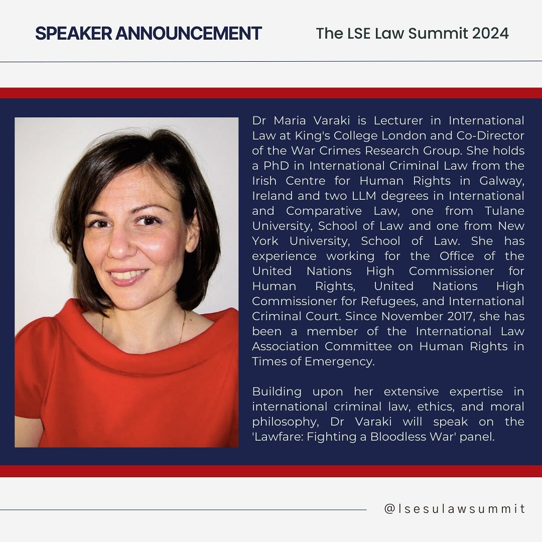 We’re honored to welcome Dr. Maria Varaki to the lineup of speakers for the LSE Law Summit panel on “Lawfare: Fighting a Bloodless War.”

Join us as @maria_varaki shares her expertise and perspectives on the evolving landscape of legal warfare.