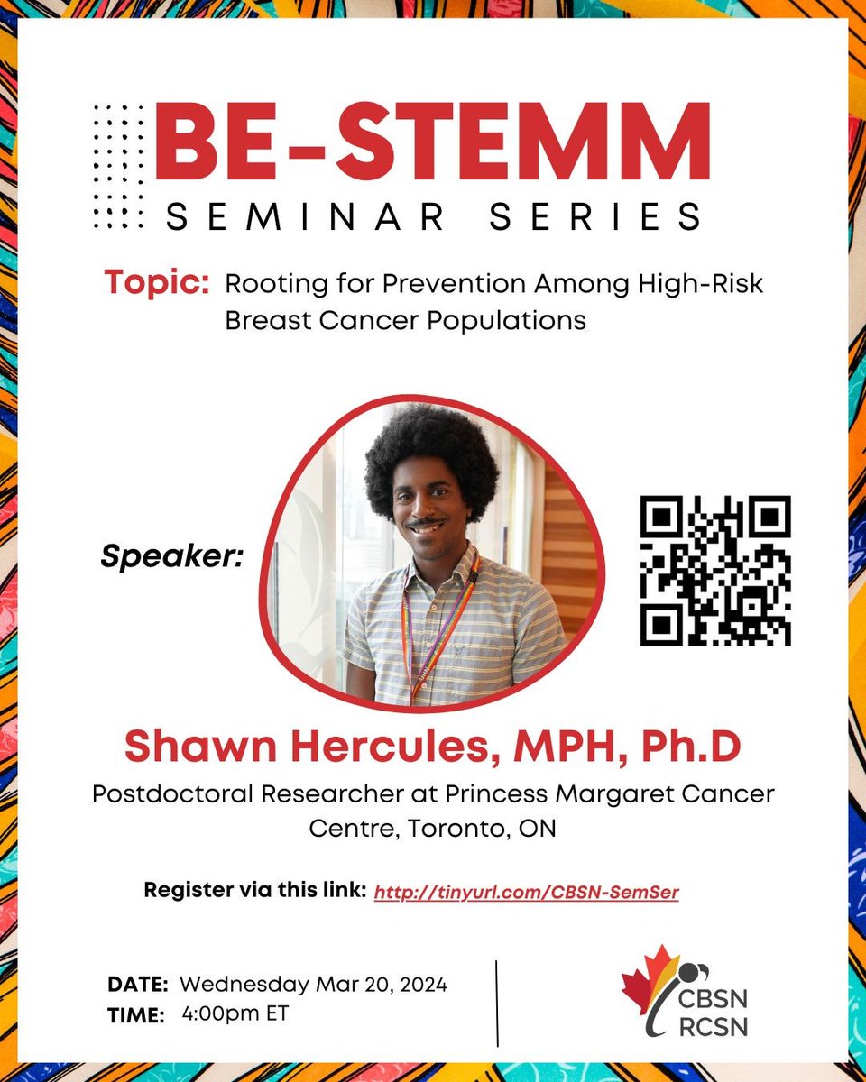 TODAY! Seminar by Dr. Shawn Hercules. 'Rooting for Prevention among High-risk Breast Cancer Populations' All are welcome! Wednesday 20 March, 2024. 4pm ET Register: tinyurl.com/Hercules20March @ShawnHercules @bajanjules27 @KivenErique @CanBlackSci @CIHR_IRSC @PMResearch_UHN