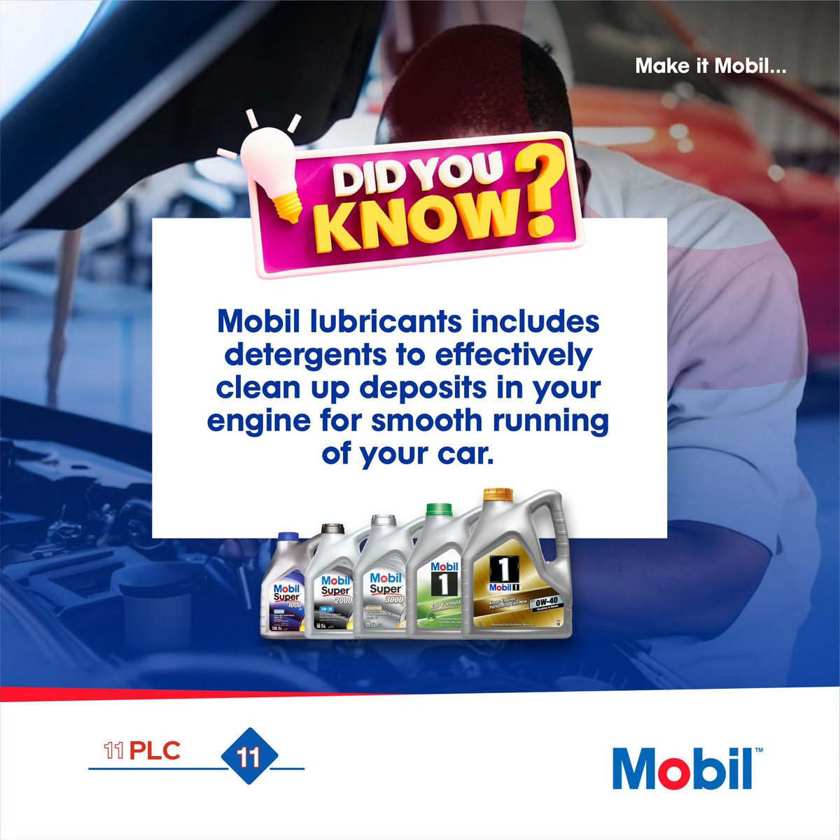 Keep your car running smoothly with Mobil Lubricants, specifically formulated with detergents to clean up deposits and improve performance.

#carcare #didyouknow #enginecare #mobillubricants #mobilinnigeria
