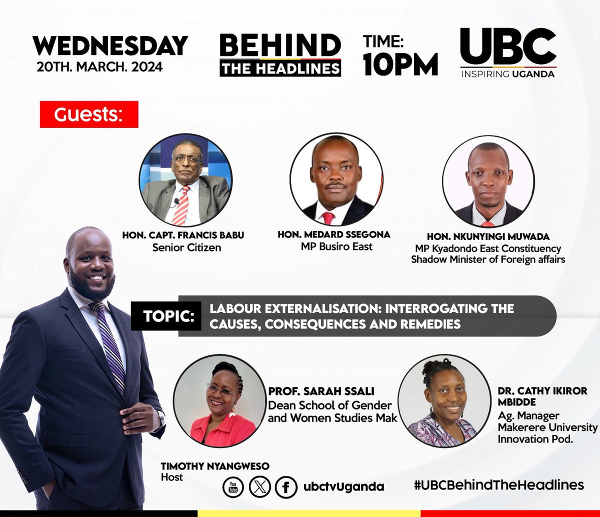 Tonight on @ubctvuganda at 10pm. Can (Bilateral agreements or MOUs) end the plight of externalization of labor? This is the panel @SsaliSarah, @MSseggona @NkunyingiMuwad1 @babuedward #UBCBehindTheHeadlines
