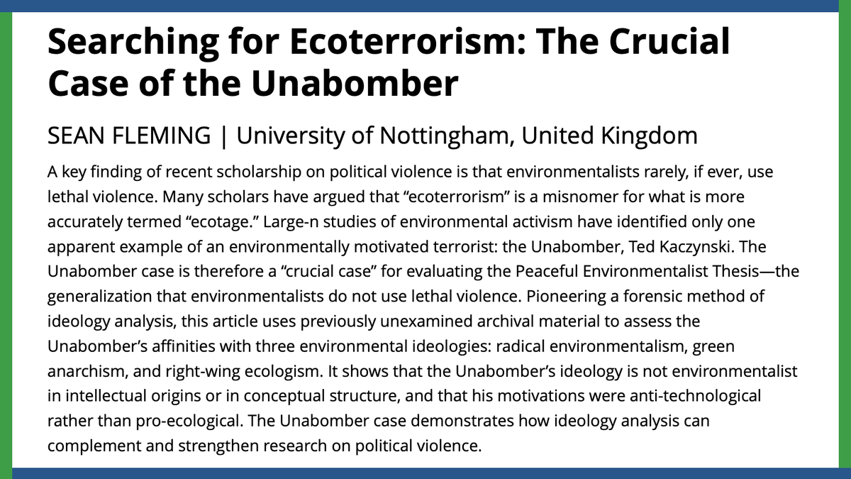 Assessing the Unabomber's relationship to environmentalism, Sean Fleming uses ideology analysis to unpack Kaczynski's motivations, asserting his ideology was rooted more in an opposition to technology than true pro-ecological ideals. #APSRFirstView ow.ly/J99550QRERJ