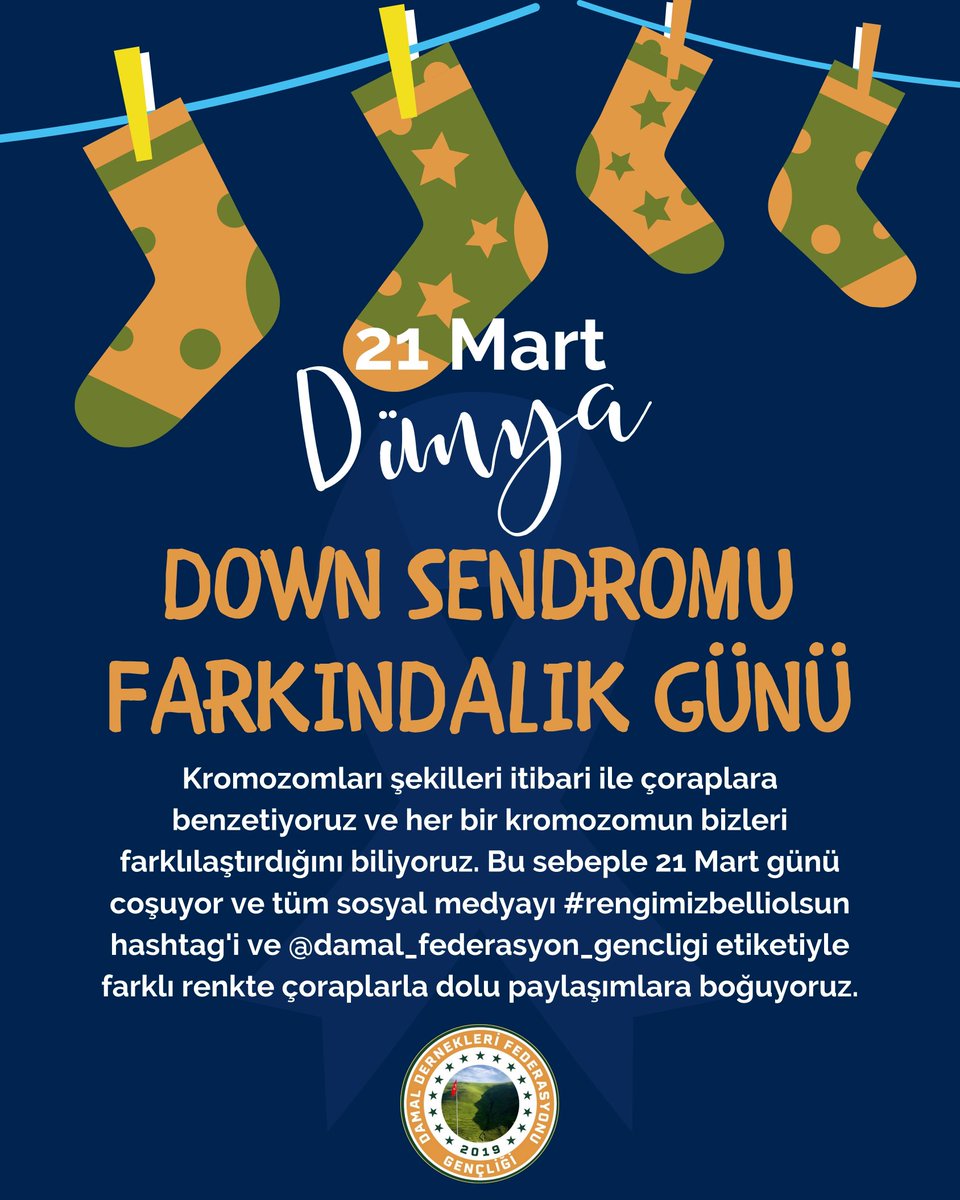 21 Mart Dünya Dowm Sendromu Farkındalık Günü
Bu güne özel olarak dikkat çekici bir etkinlik yapıyoruz. 
Herkes bir eşi farklı renk çorap giyip, gençlik instagram sayfamızı etiketleyerek instagram da hikaye  olarak paylaşarak bu etkinliğe katılabilirsiniz.
