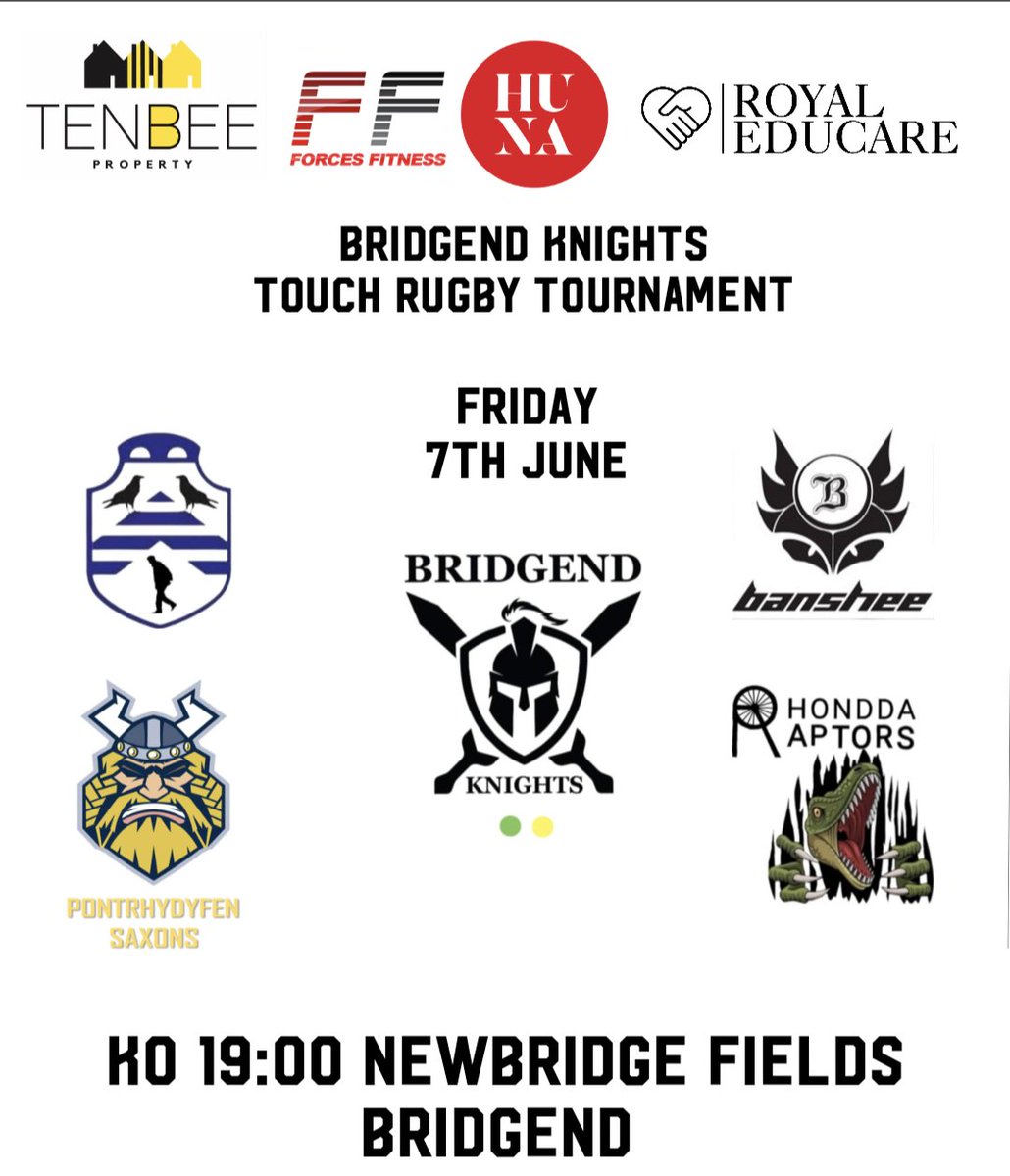 ⭐ Final Confirmation of the line up! ⭐ We are looking forward to hosting our first tournament in 2024 🏉🏆. Newbridge fields June 7th KO 19:00 hrs: ⭐ Bridgend Knights ⭐ Bridgend Sports ⭐ Rhondda Raptors ⭐ Pontrhydyfen Saxons ⭐ Banwen Banshees #Bridgendrugby #Rugby