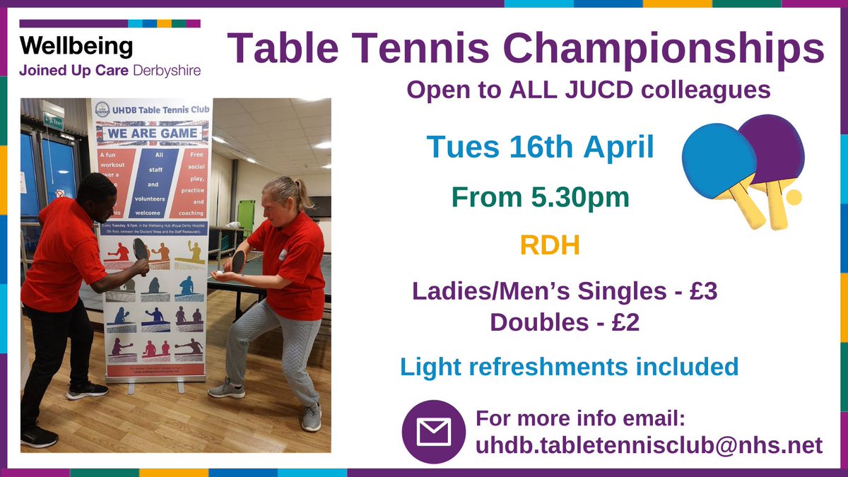 Entries now open for Table Tennis Hard Bat Tournament 🏓

📌 Tues 16th April from 5:30pm at RDH - open to all our JUCD colleagues

📅 Entry closing date - Fri 5th April 

 🏆 Entry: £3 singles £2 doubles, includes refreshments, trophies &amp; prizes! 

📧 uhdb.tabletennisclub@nhs.net